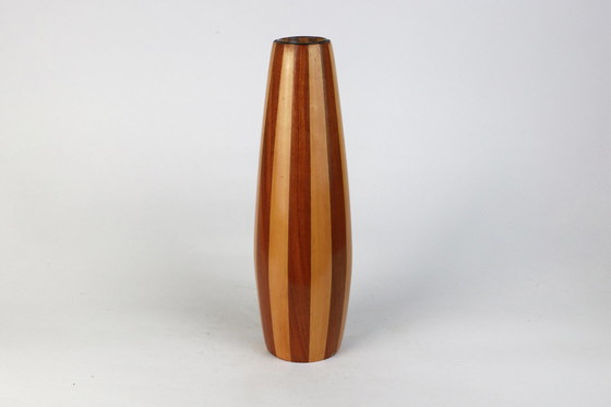 Image 1 of Mid Century Wood Vase Striped Teak Modernist