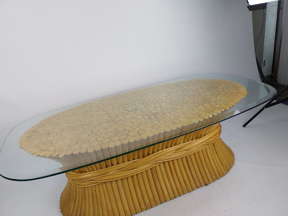 Image 1 of Table basse McGuire des années 1970 avec plateau en verre. En parfait état