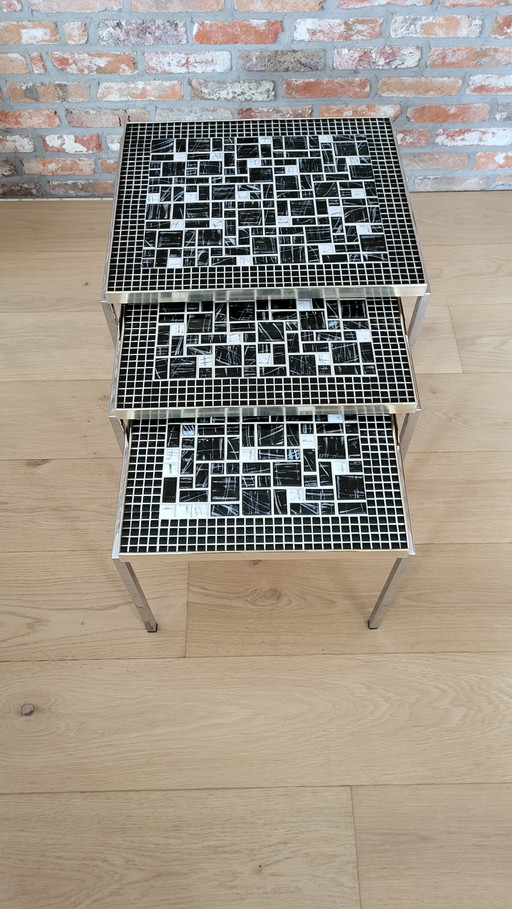 Beautiful set of 3 vintage nesting tables with mosaic