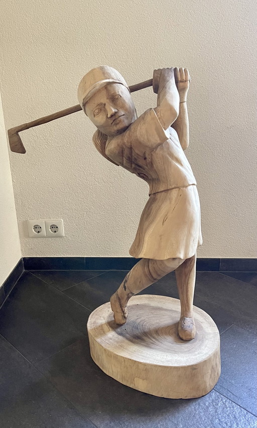 Handmade hardwood golfer statue