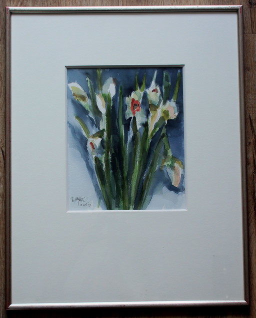 Fon Klement - Aquarelle encadrée : jonquilles - 1997