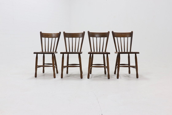 Image 1 of Set of 4 Brutalist Dutch Solid Oak Dining Chairs 1960s