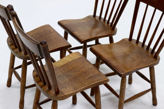 Image 1 of Set of 4 Brutalist Dutch Solid Oak Dining Chairs 1960s