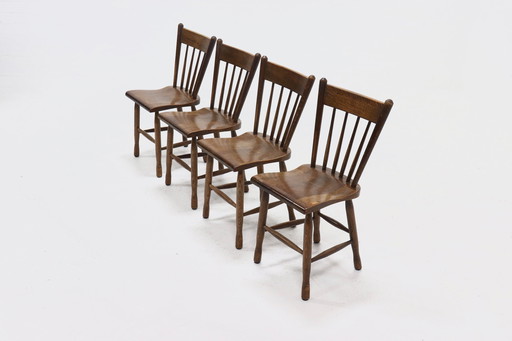 Set of 4 Brutalist Dutch Solid Oak Dining Chairs 1960s