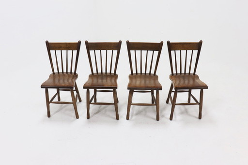 Set of 4 Brutalist Dutch Solid Oak Dining Chairs 1960s