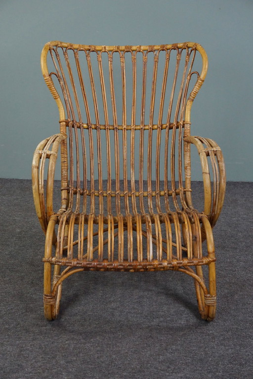 Rattan Belse 8 armchair with high back, Dutch Design Style, 1950