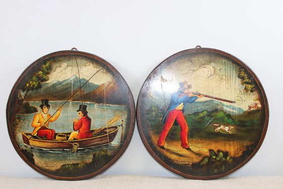 Image 1 of 2 hand-painted wall plates with a hunting scene