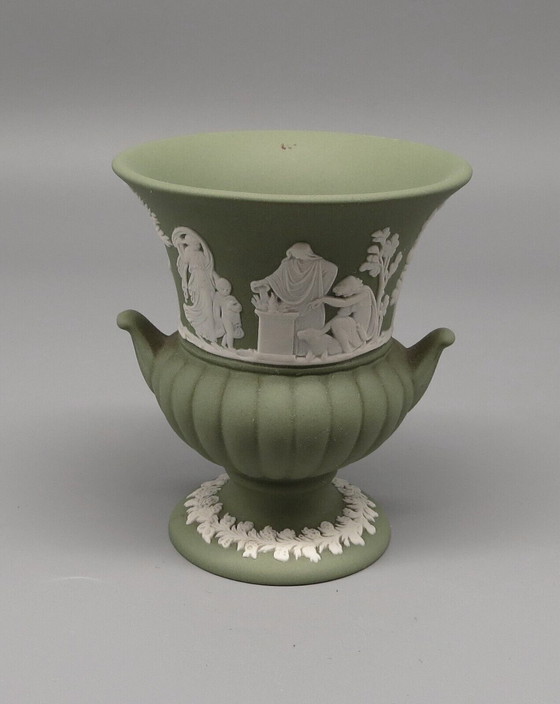 Image 1 of Wedgwood England Jasperware Green Vase Amphora with Signature