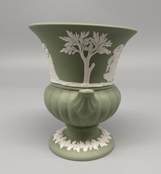 Image 1 of Wedgwood England Jasperware Green Vase Amphora with Signature