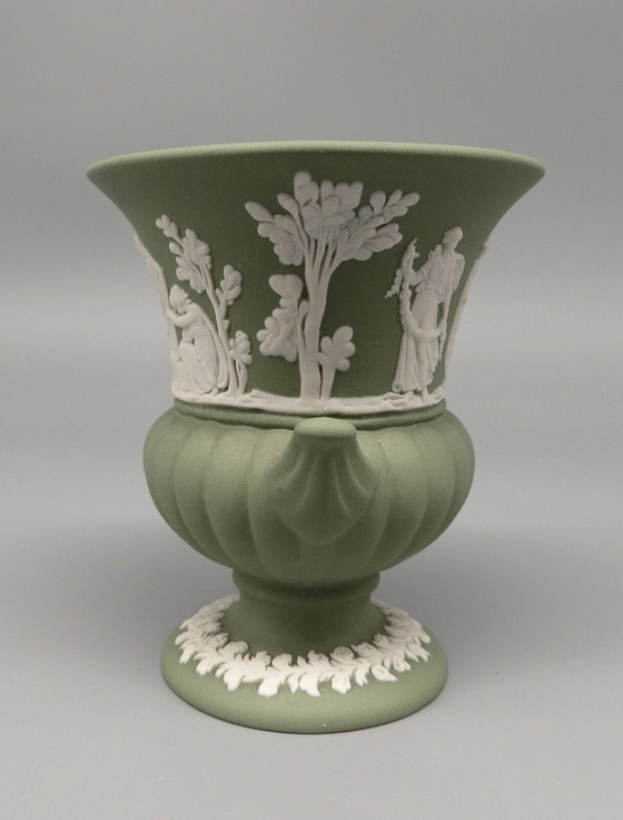 Image 1 of Wedgwood England Jasperware Green Vase Amphora with Signature