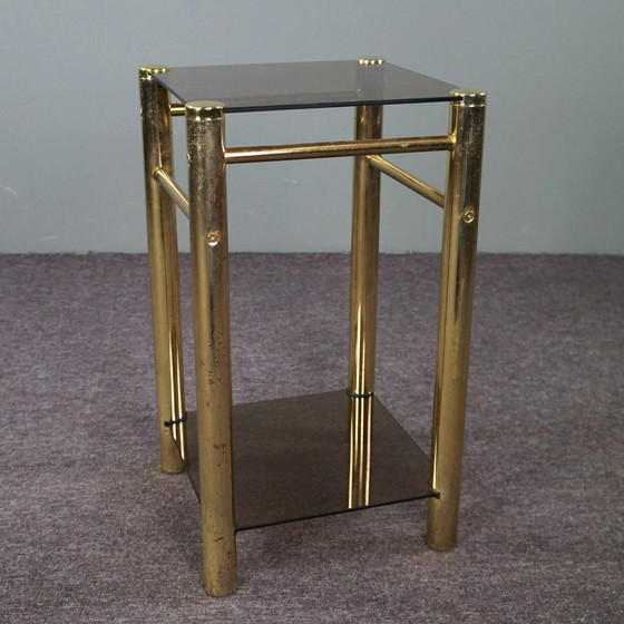 Image 1 of Gold Hollywood Regency smoked glass side table, column