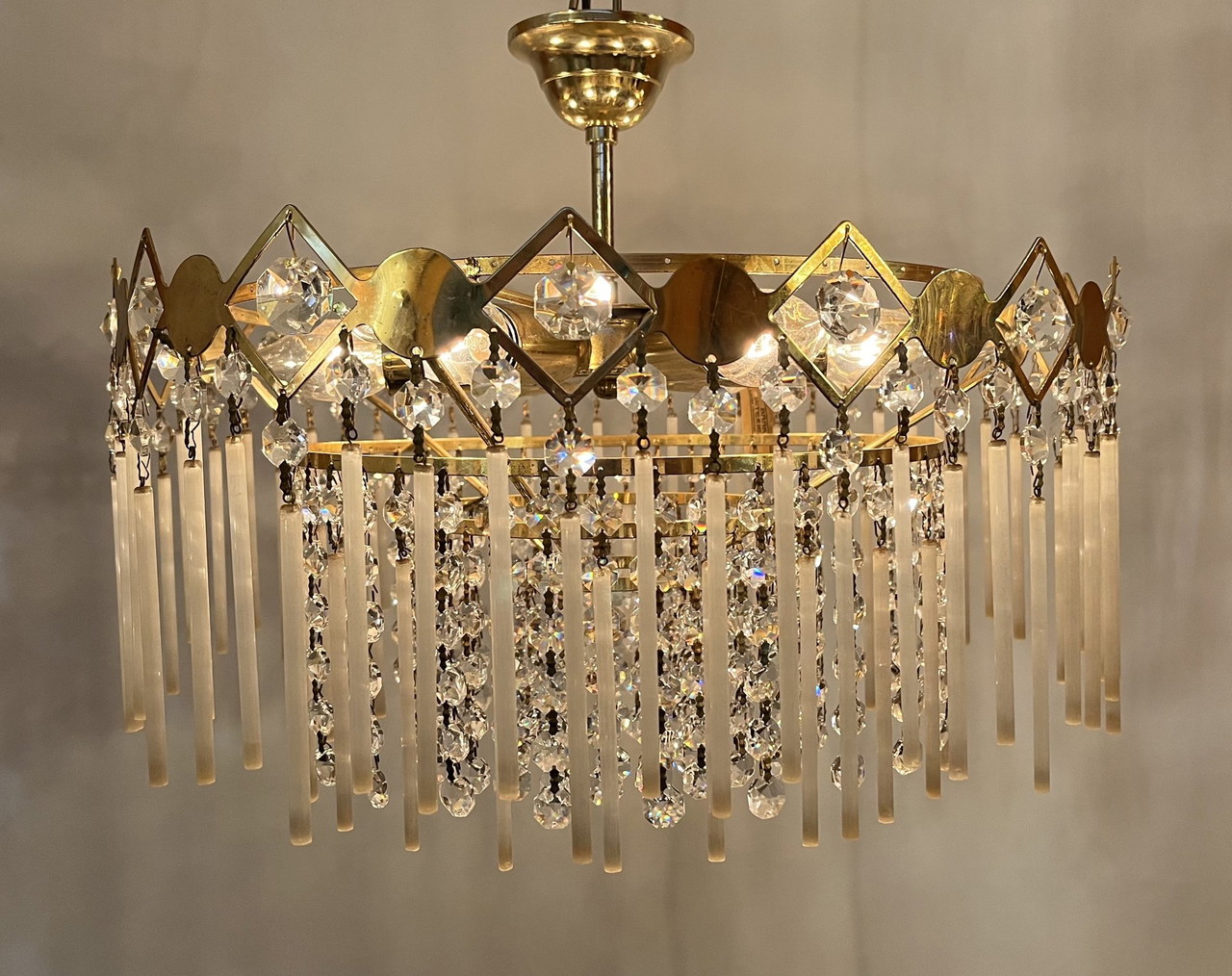 Vintage rod hanging lamp chandelier crystal icicles opaline 375 Whoppah