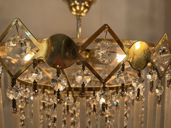 Image 1 of Lampadario a sospensione vintage con cristalli di ghiaccioli e opalino 