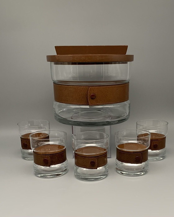 Image 1 of Vintage glass punch, glass bowl, glasses with real leather buckle