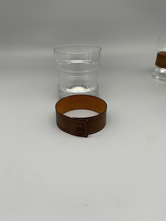 Image 1 of Vintage glass punch, glass bowl, glasses with real leather buckle