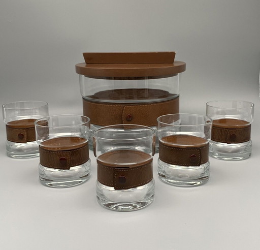 Punzón de vidrio vintage, cuenco de vidrio, vasos con hebilla de cuero genuino