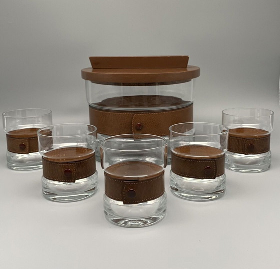 Image 1 of Vintage glass punch, glass bowl, glasses with real leather buckle