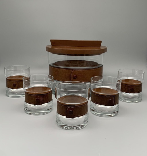 Punzón de vidrio vintage, cuenco de vidrio, vasos con hebilla de cuero genuino