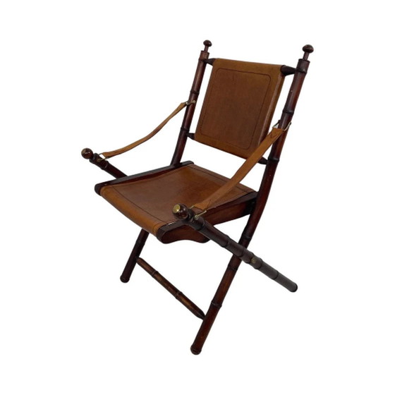 Image 1 of Fauteuil d'officier - bois et cuir - style campagne militaire