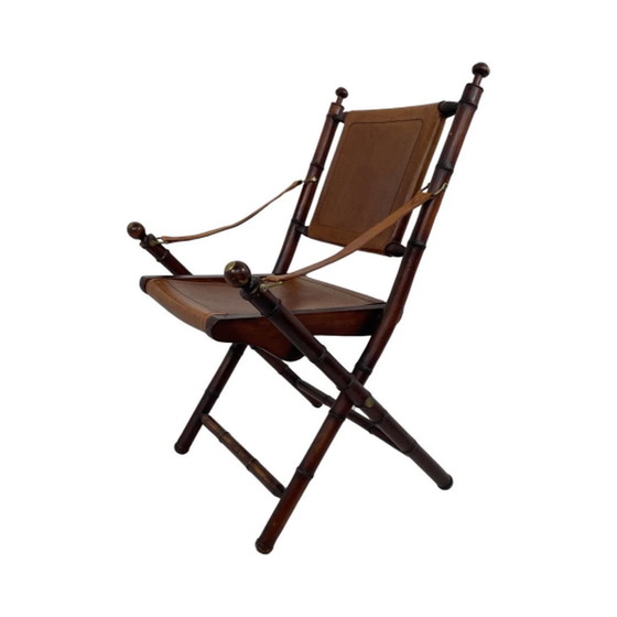 Image 1 of Fauteuil d'officier - bois et cuir - style campagne militaire