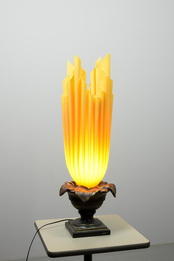 Image 1 of XXL Georgia Jacob Athena Flaming Torch table lamp in resin sculpted fabric on Bronze patinated Stone base. France, 1970s