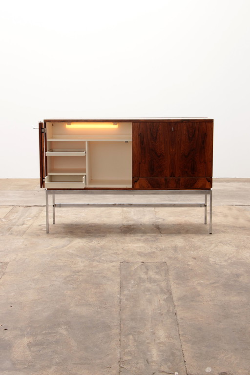 Sideboard and bar cabinet veneer rosewood with refrigerator 1960 Germany.