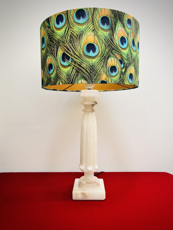 Image 1 of Antique marble lamp with new shade of peacock feathers