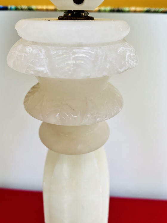 Image 1 of Antique marble lamp with new shade of peacock feathers