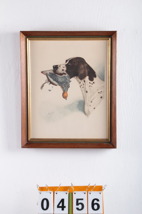 Image 1 of French hand-drawn hunting dog with partridge, Boris Riab 1898-1975