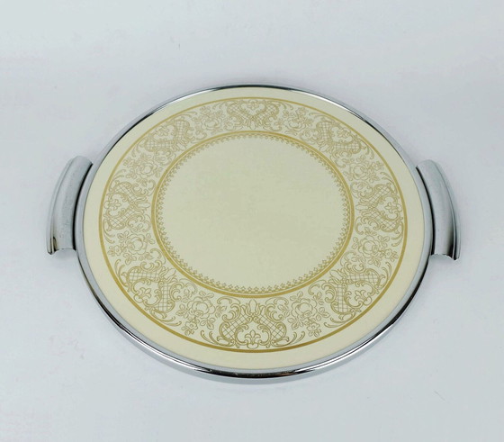 Image 1 of 1960s grünstadt ceramic cake plate chrome-plated gold decor