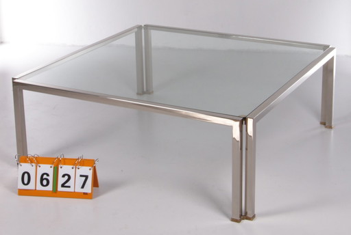 Table basse en verre Peter Ghyczy Modèle T28d Inox avec laiton 1986