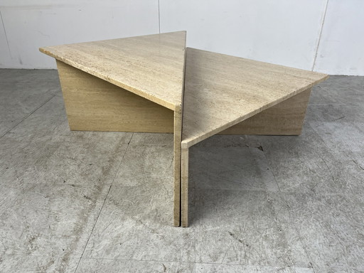 2x Vintage travertine triangular coffee tables