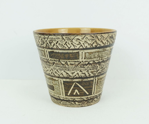 1950s PLANT POT abstract sgraffito decor brown and beige