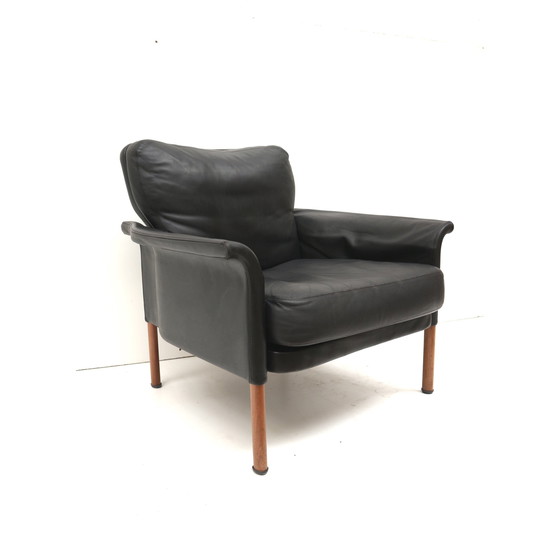 Image 1 of Black leather Danish design leather armchair designed by Hans Olsen from the 1960s.