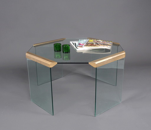 Table basse hexagonale en verre et laiton Galloti & Radice