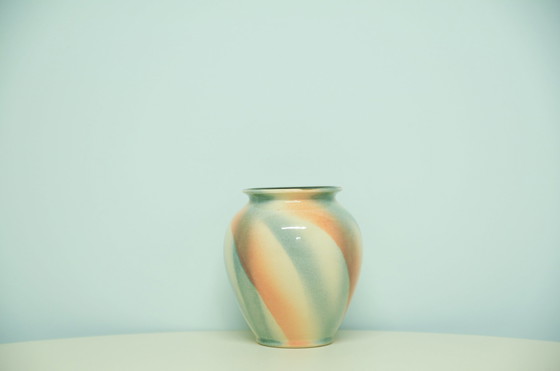 Image 1 of cream pink & blue West Germany vase Bay