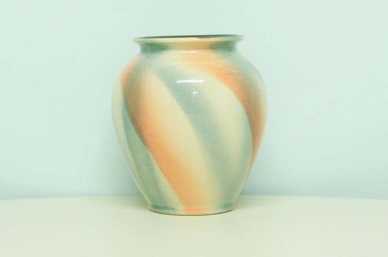 Image 1 of cream pink & blue West Germany vase Bay