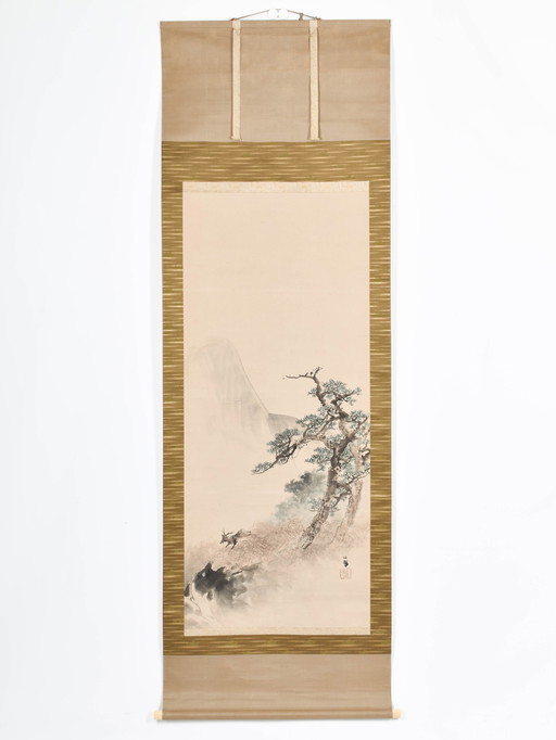 kakejiku, Scroll painting - Paper, Zijde - Pine tree, Deer - AFTER Takeuchi Seihō (竹内栖鳳) (1864-1942) - Deer and tree - Japan - 