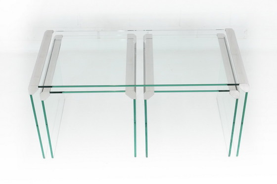 Image 1 of Gallotti & Radice T35 R Coffee Table Set, Tables de salon, Italie 1975, acier inoxydable + verre cristal