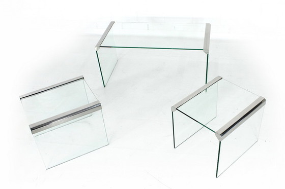 Image 1 of Gallotti & Radice T35 R Coffee Table Set, Tables de salon, Italie 1975, acier inoxydable + verre cristal