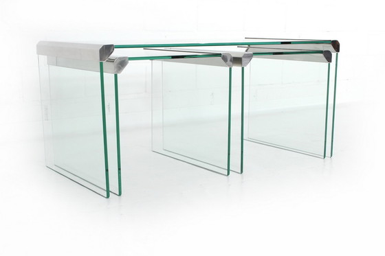 Image 1 of Gallotti & Radice T35 R Coffee Table Set, Tables de salon, Italie 1975, acier inoxydable + verre cristal