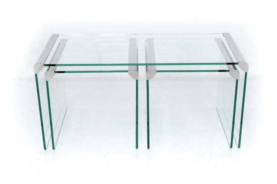 Image 1 of Gallotti & Radice T35 R Coffee Table Set, nesting tables, Italy 1975, stainless steel + crystal glass