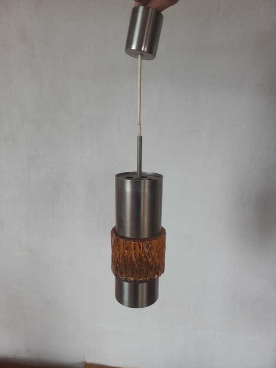 Image 1 of Lampe suspendue vintage en métal et verre