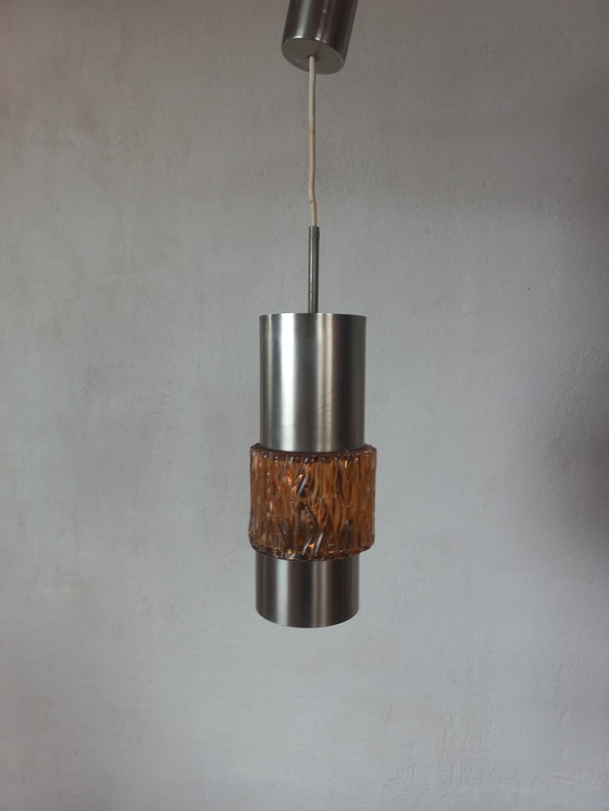 Image 1 of Lampe suspendue vintage en métal et verre