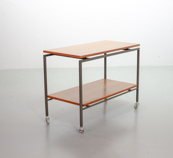 Image 1 of Minimalistische Stiemsma Verrijdbare Bijzettafel / Trolley met Twee Teak Lagen op een Zwart Stalen Frame. Nederland, jaren 60.