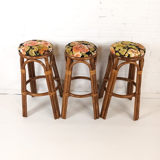 Image 1 of 3x tabouret de bar en rotin Tiki vintage