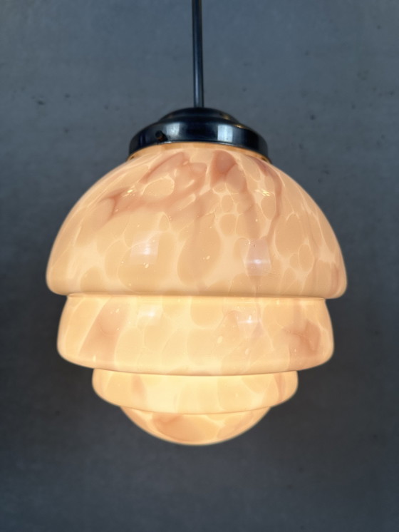 Image 1 of Art deco rose marbled opaline hanging lamp