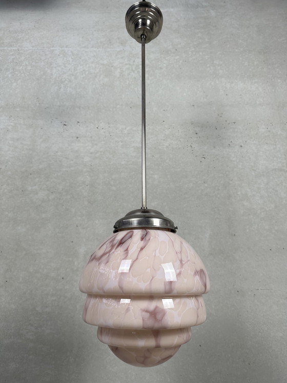 Image 1 of Art deco rose marbled opaline hanging lamp