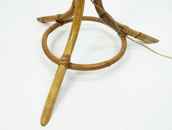 Image 1 of rare mid century tripod FLOOR LAMP bamboo rattan 50s hawaii tiki era 3 shades