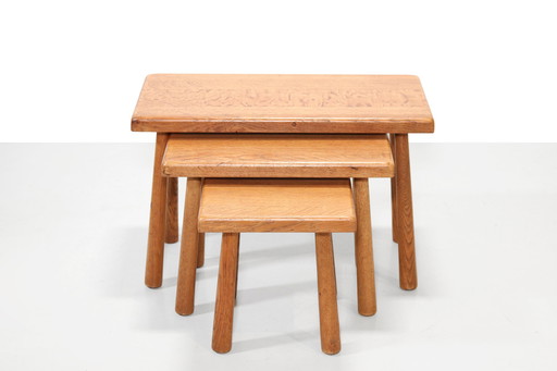 Set of solid oak brutalist nesting tables